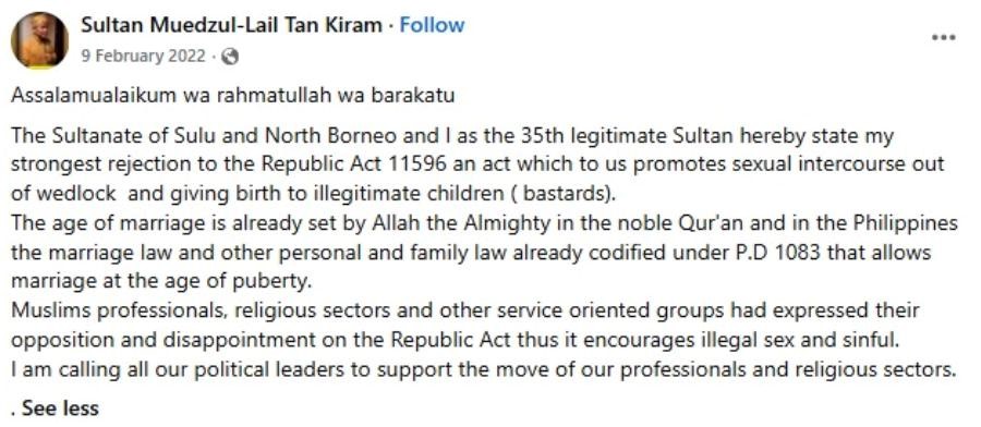Muedzul Kiram defended the necessity of child marriage
